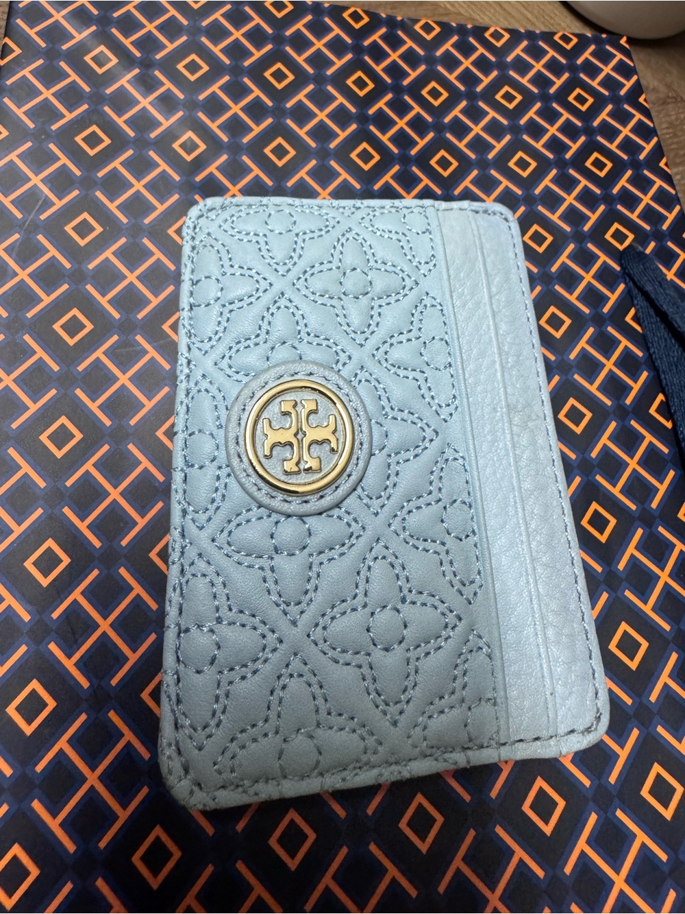 Tory Burch Quilted Leather Card Case in Baby Blue with Gold Logo